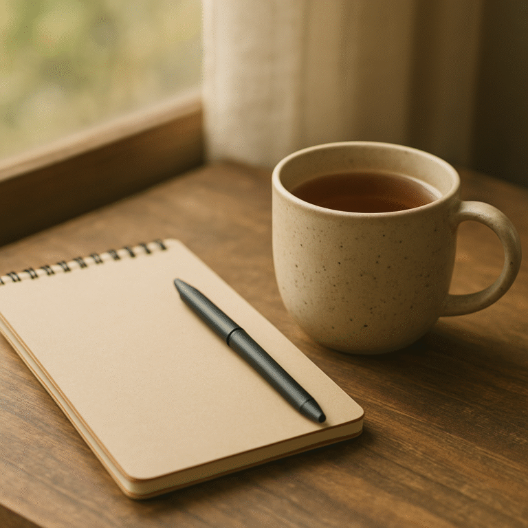 “Notebook and tea cup — symbolic image for a Christian blog about faith and wellness with rheumatoid arthritis.”