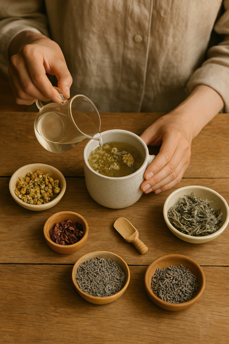 Person preparing herbal tea with an assortment of dried herbs on a wooden table.