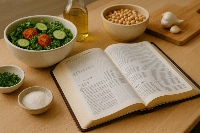 “A peaceful kitchen scene with Scripture and wholesome food, reflecting the harmony of spiritual and physical wellness.”