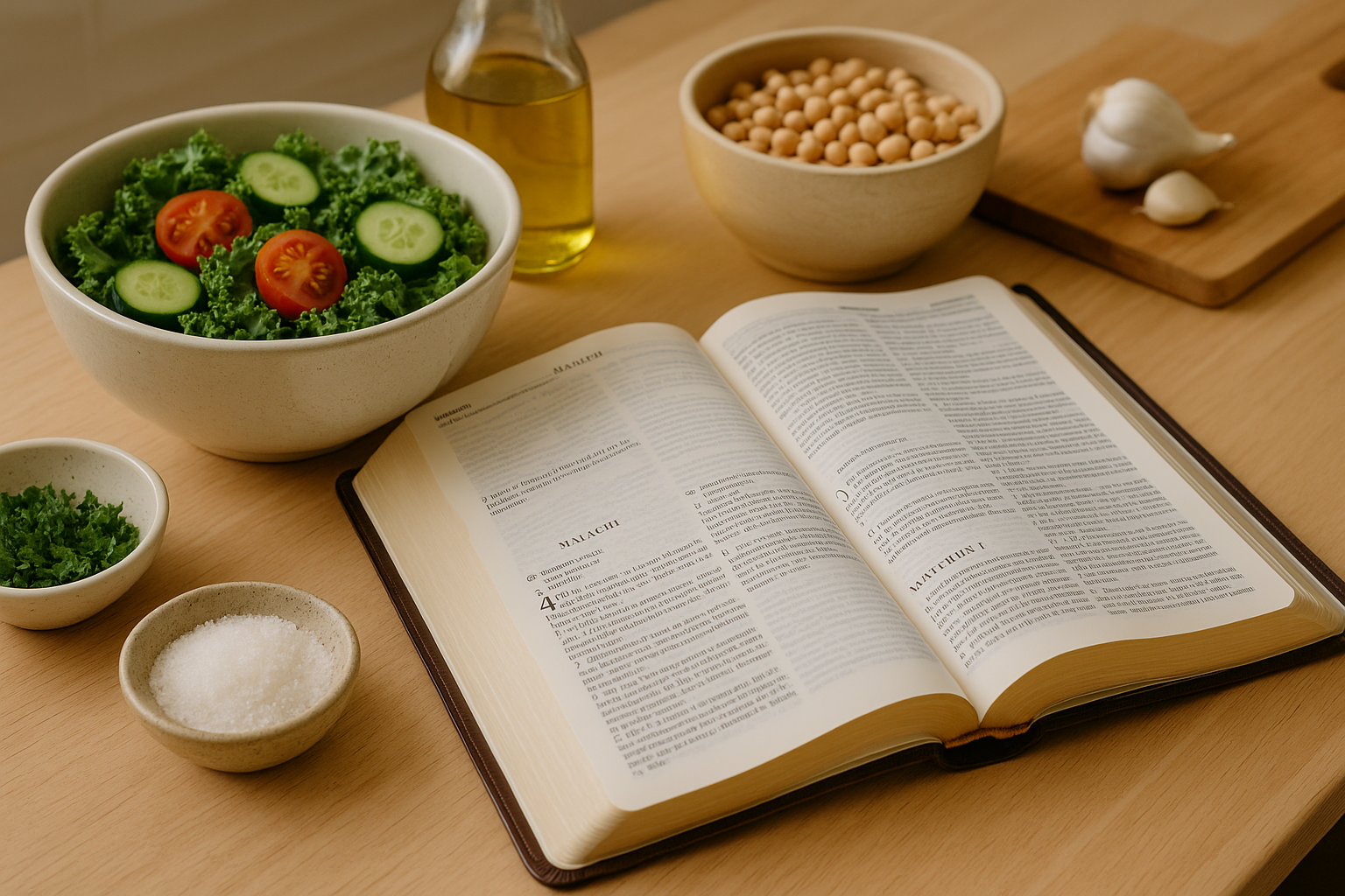 “A peaceful kitchen scene with Scripture and wholesome food, reflecting the harmony of spiritual and physical wellness.”