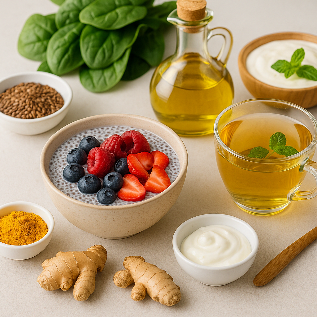A warm flat lay of anti-inflammatory foods including chia pudding with berries, ginger, turmeric, olive oil, herbal tea, yogurt, and spinach — promoting natural relief for rheumatoid arthritis.