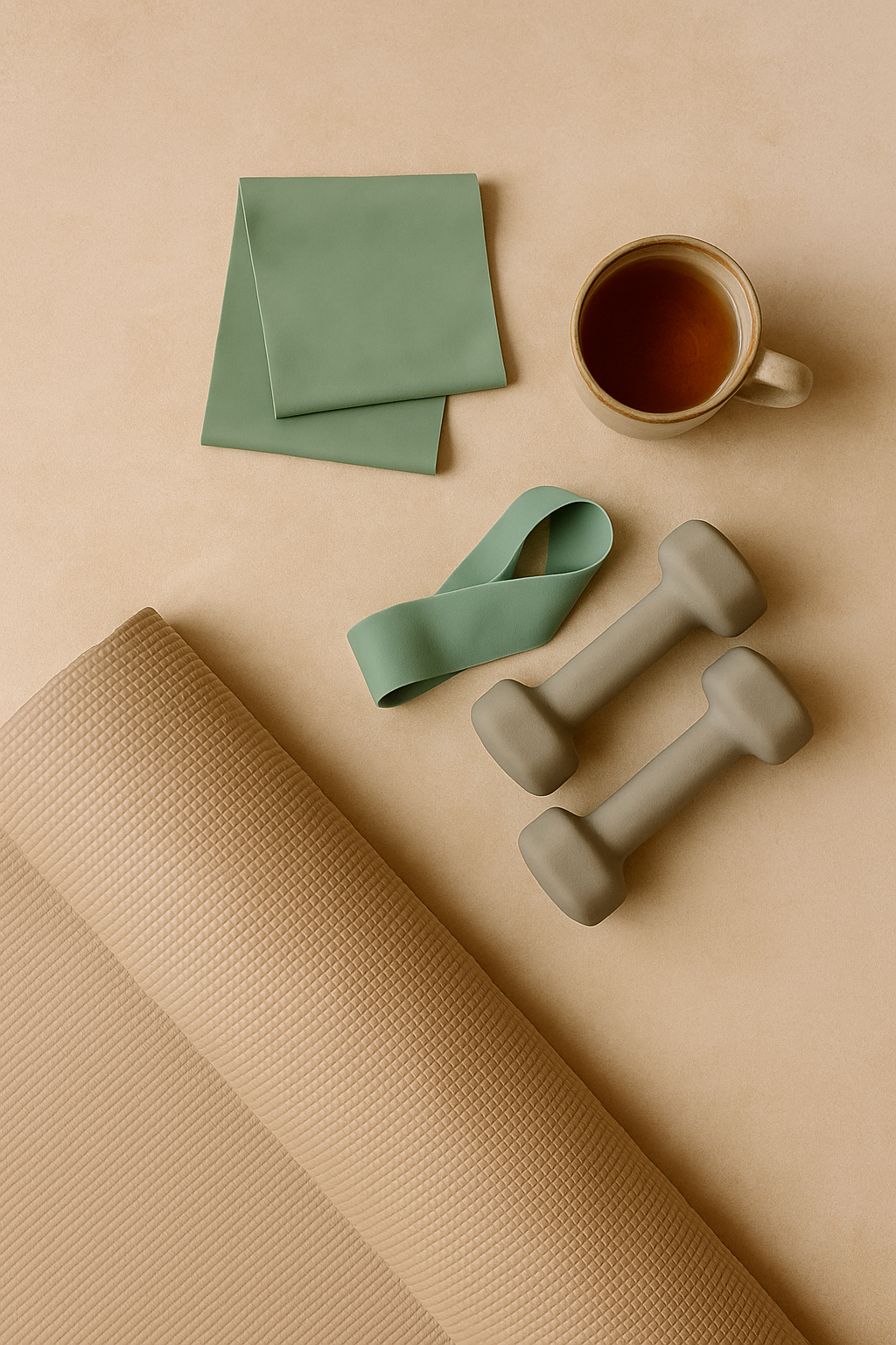 Yoga mat, resistance bands, dumbbells, and tea arranged for gentle wellness and RA relief.