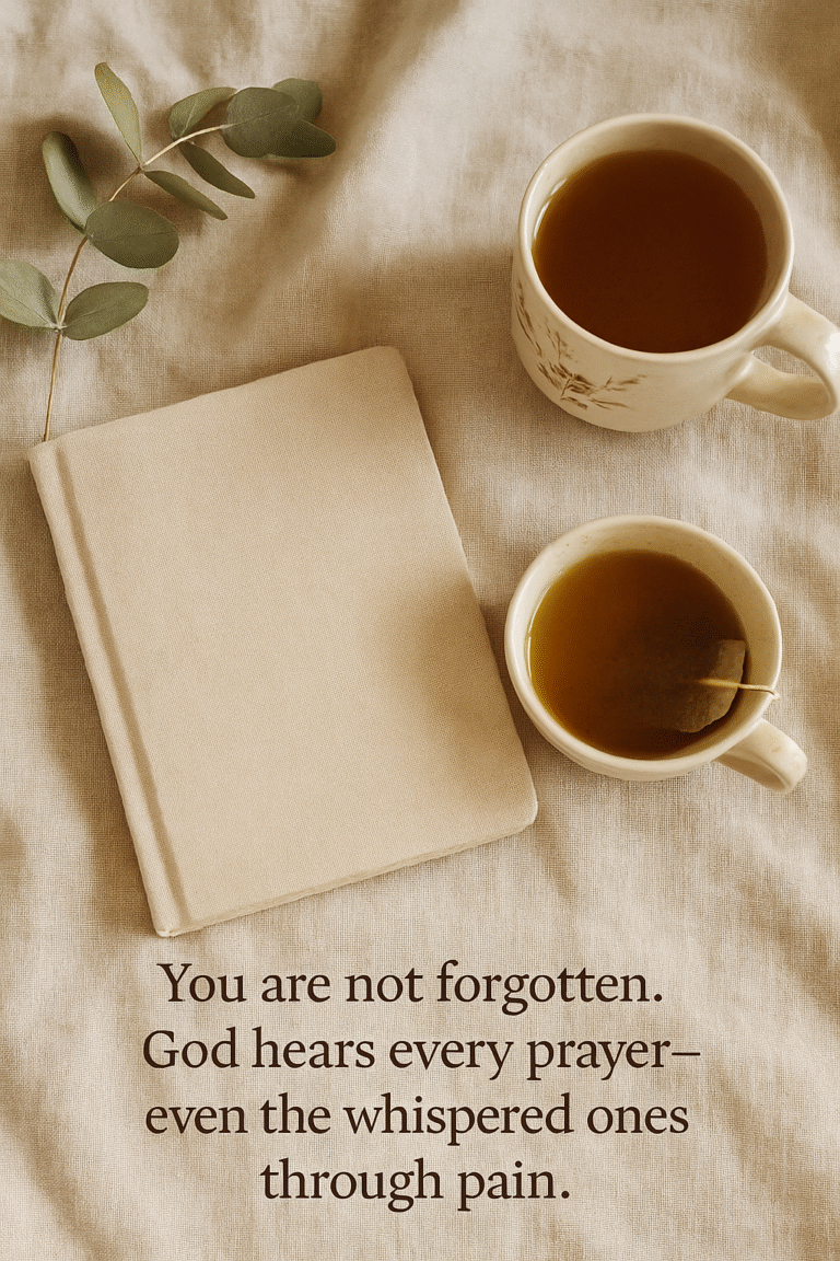 "Beige linen background with a softcover journal, eucalyptus sprig, and two cups of tea, accompanied by the text: 'You are not forgotten. God hears every prayer—even the whispered ones through pain.'