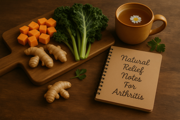 “Notebook titled ‘Natural Relief Notes For Arthritis’ beside fresh vegetables and herbal tea — a warm, nourishing scene for natural RA relief.”