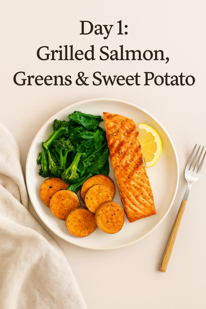 Grilled salmon , greens & Sweet Potato