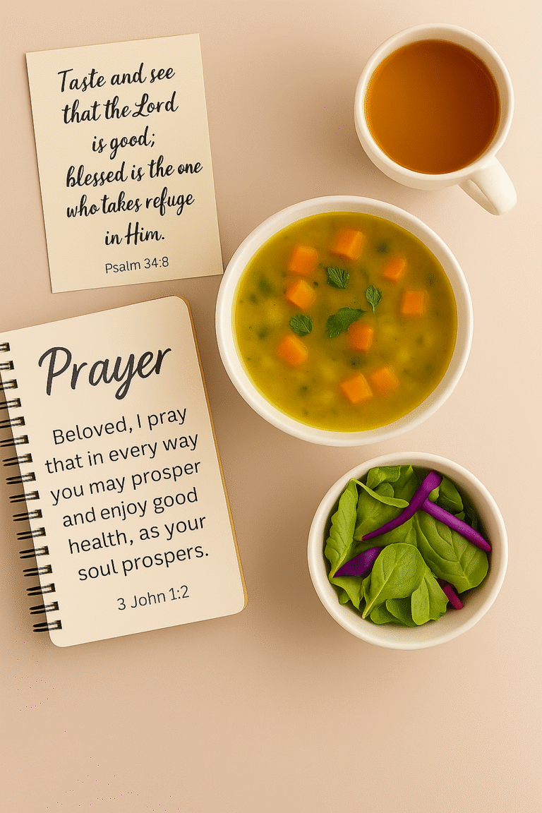 Faith based flat lay featuring a warm bowl of soup, an open journal , with an encouraging message