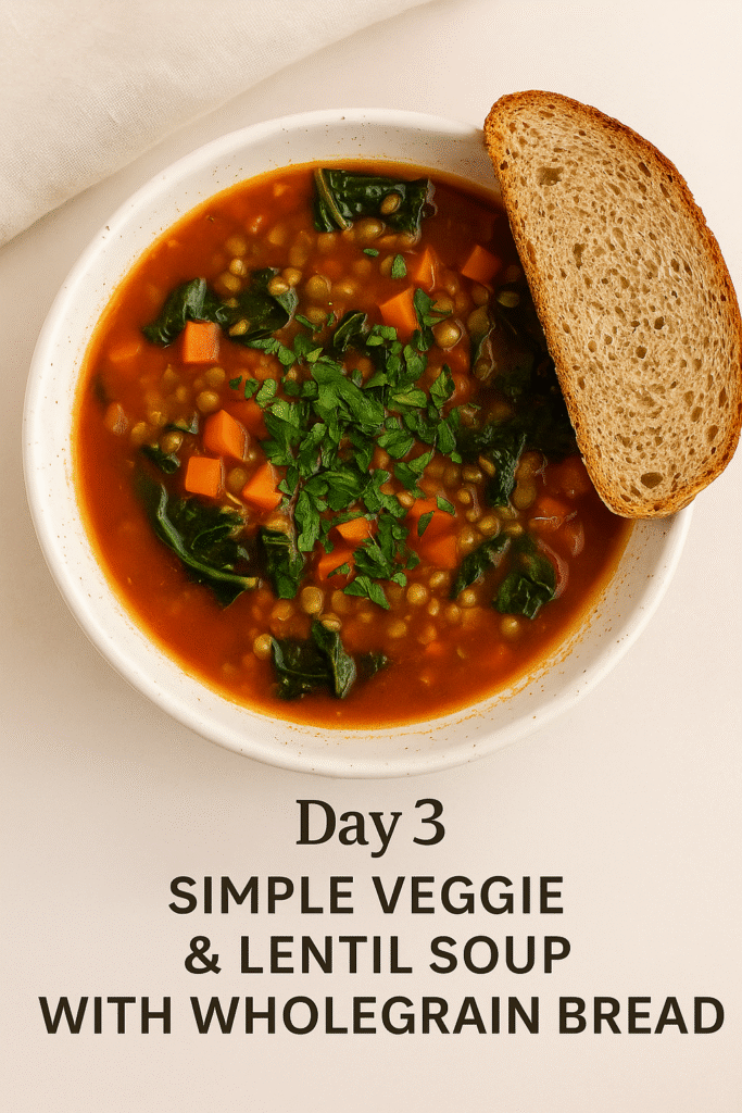 Simple veggie and lentil soup with wholegrain bread